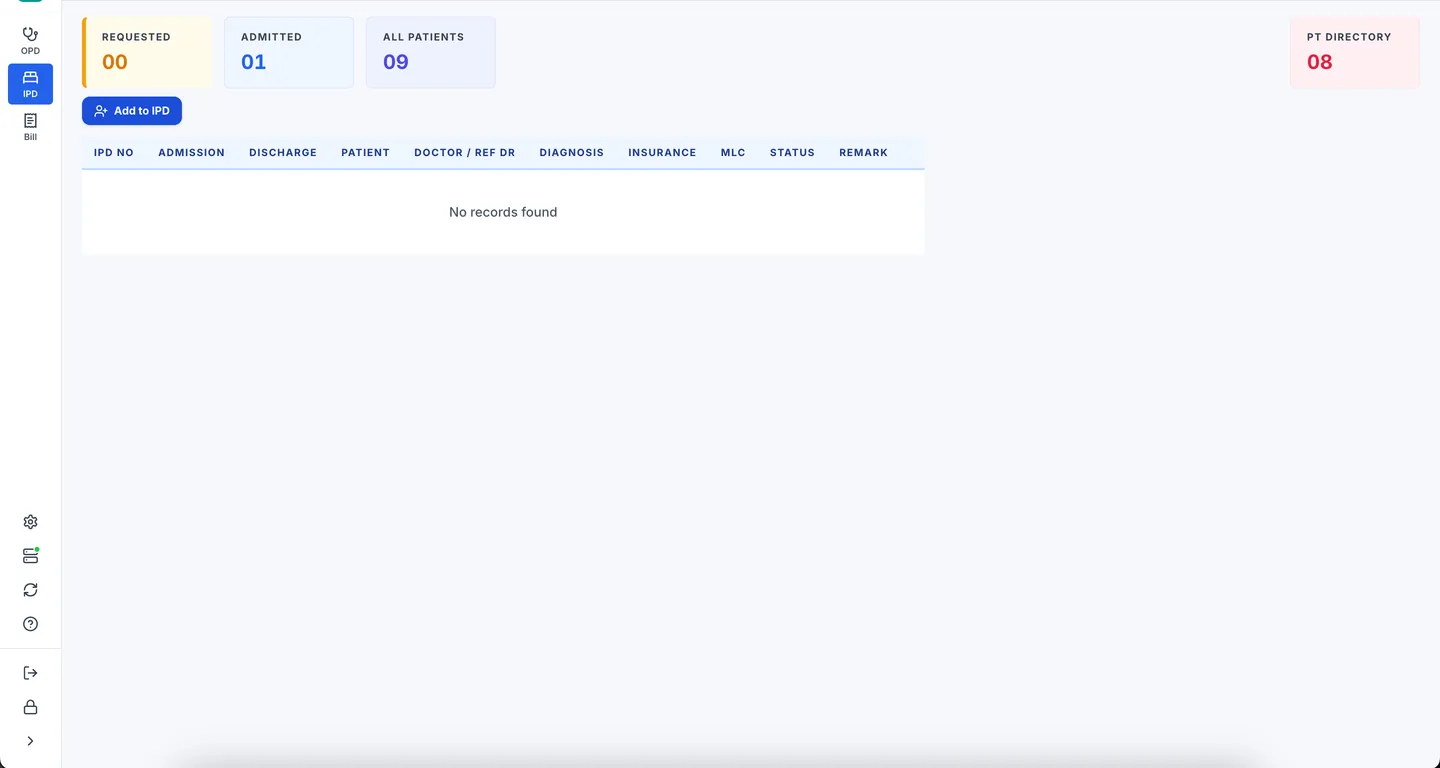 DrugRx IPD workflow — admission, service bills, and discharge summary