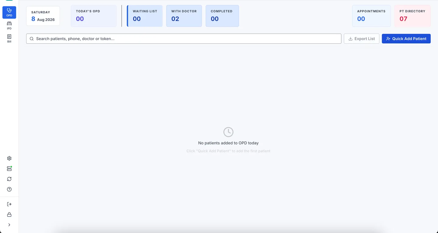 DrugRx OPD workflow — patient check-in, queue, consultation, and receipt